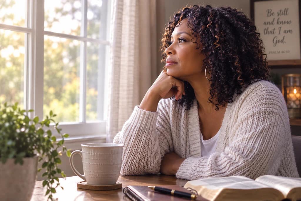 Woman sitting alone in quiet reflection looking out a window with soft natural light