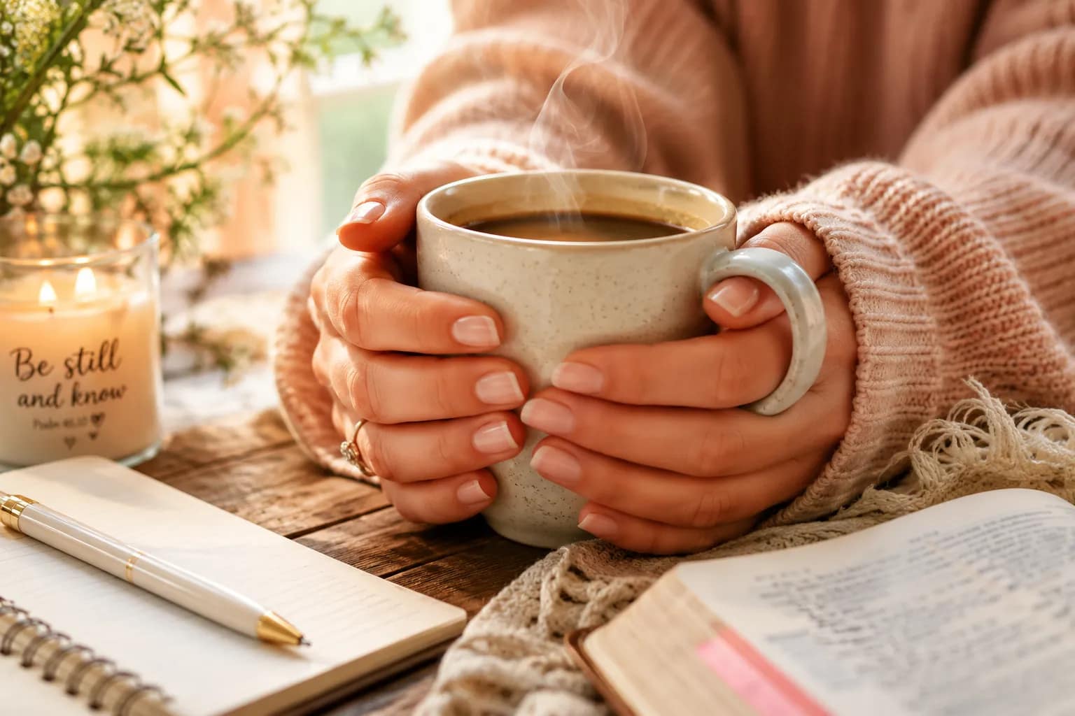 "Woman sitting quietly by a window with a Bible and coffee, reflecting on her faith"