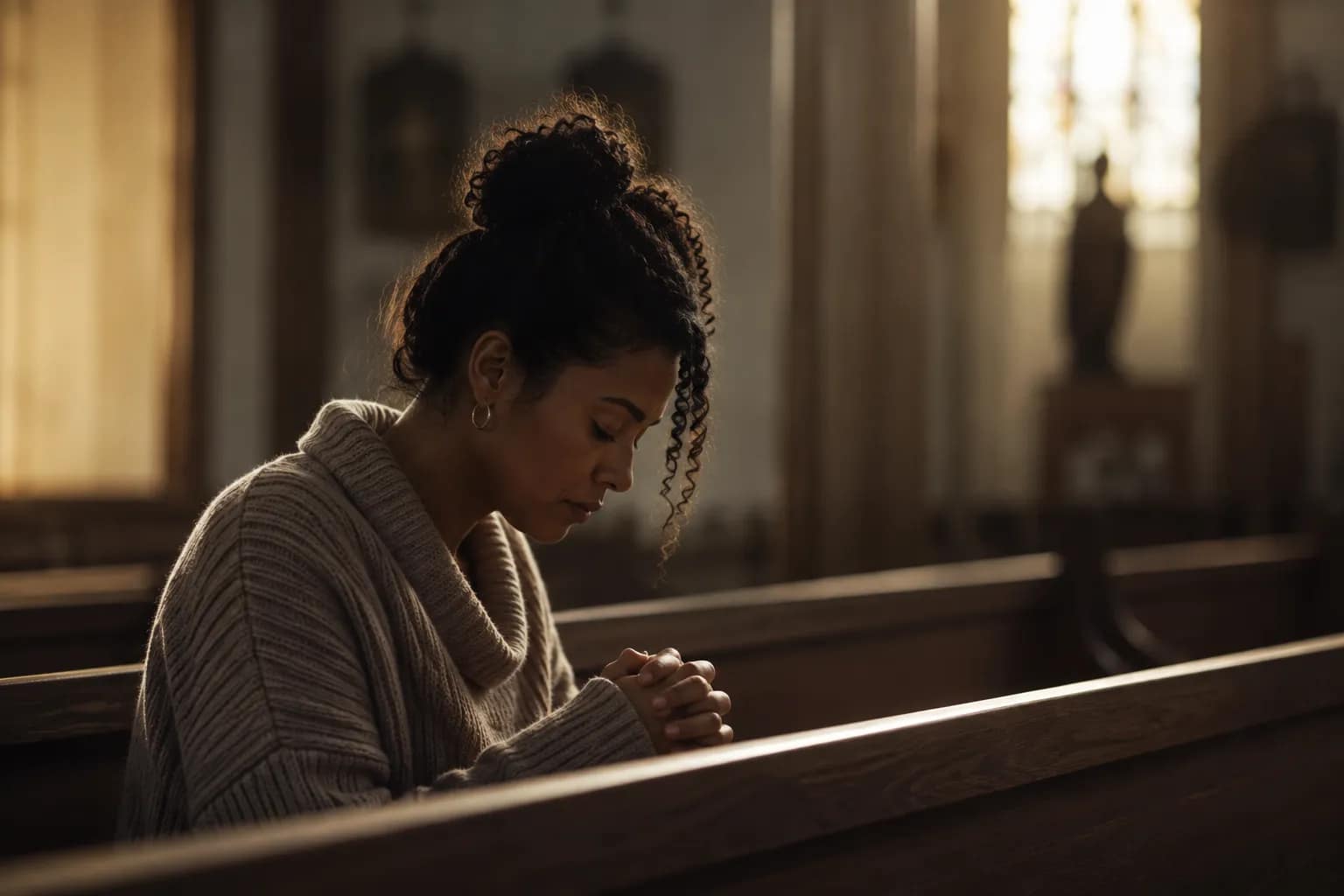 "Woman sitting alone in church pew looking down in quiet reflection with soft light"